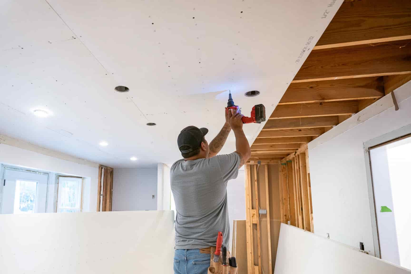 Drywall installed on a vaulted great room ceiling in a Colorado Springs home